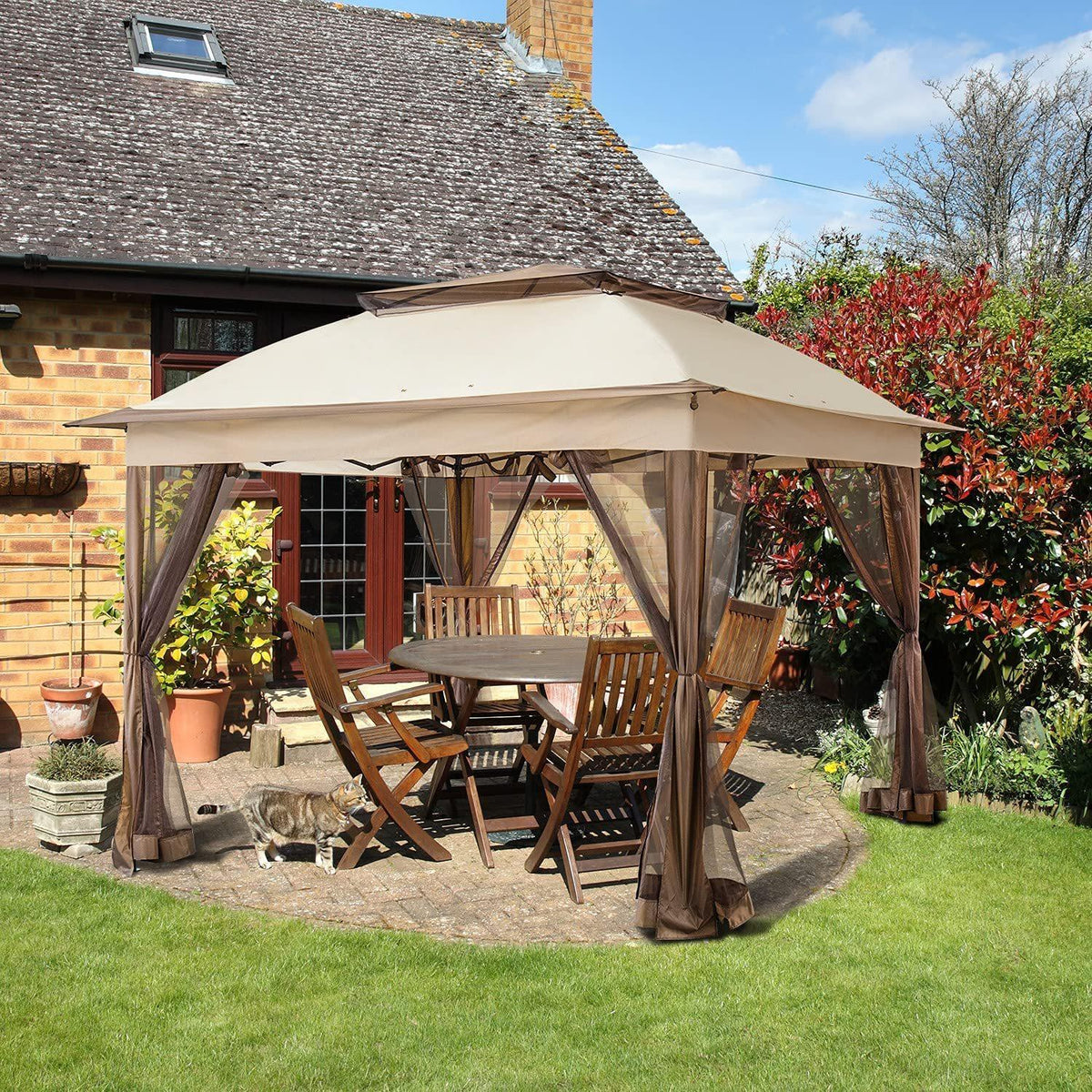 11'x11' Beige Outdoor 2-Tier Vented Canopy Steel Gazebo BBQ Party Tent