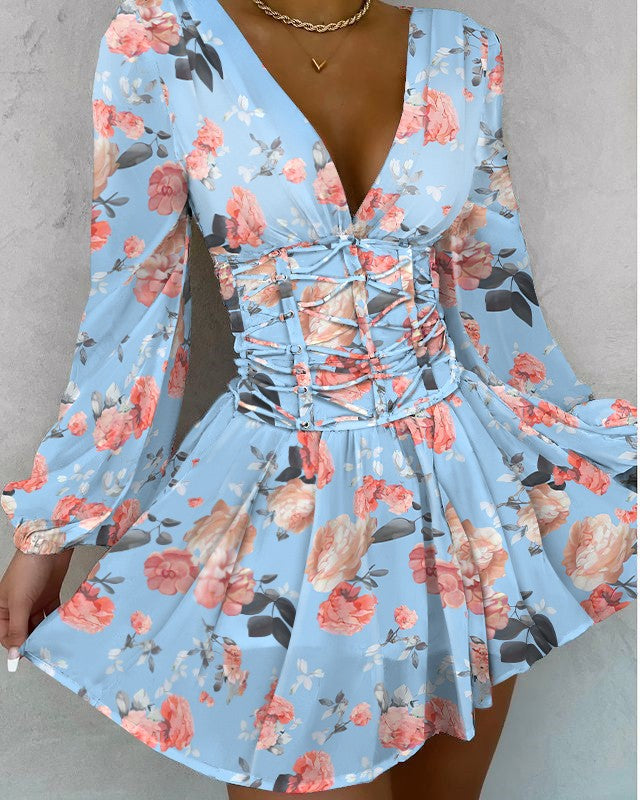 Floral Print V-Neck Lace Up Fold Pleat Dress
