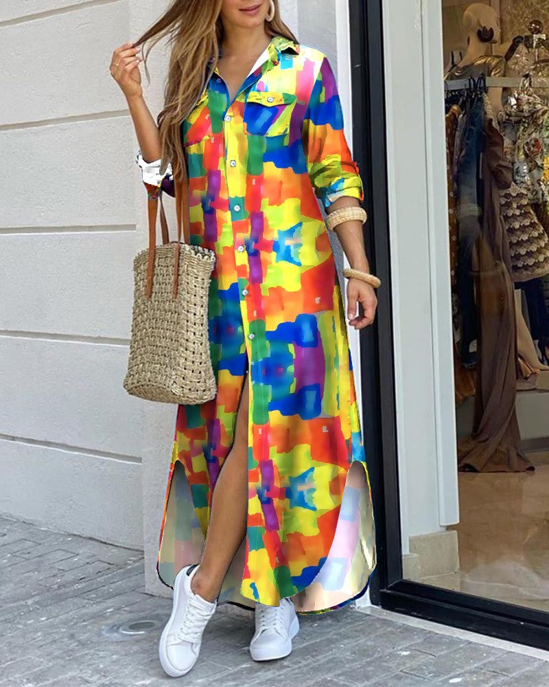 Color Pocket Design Slit Shirt Dress