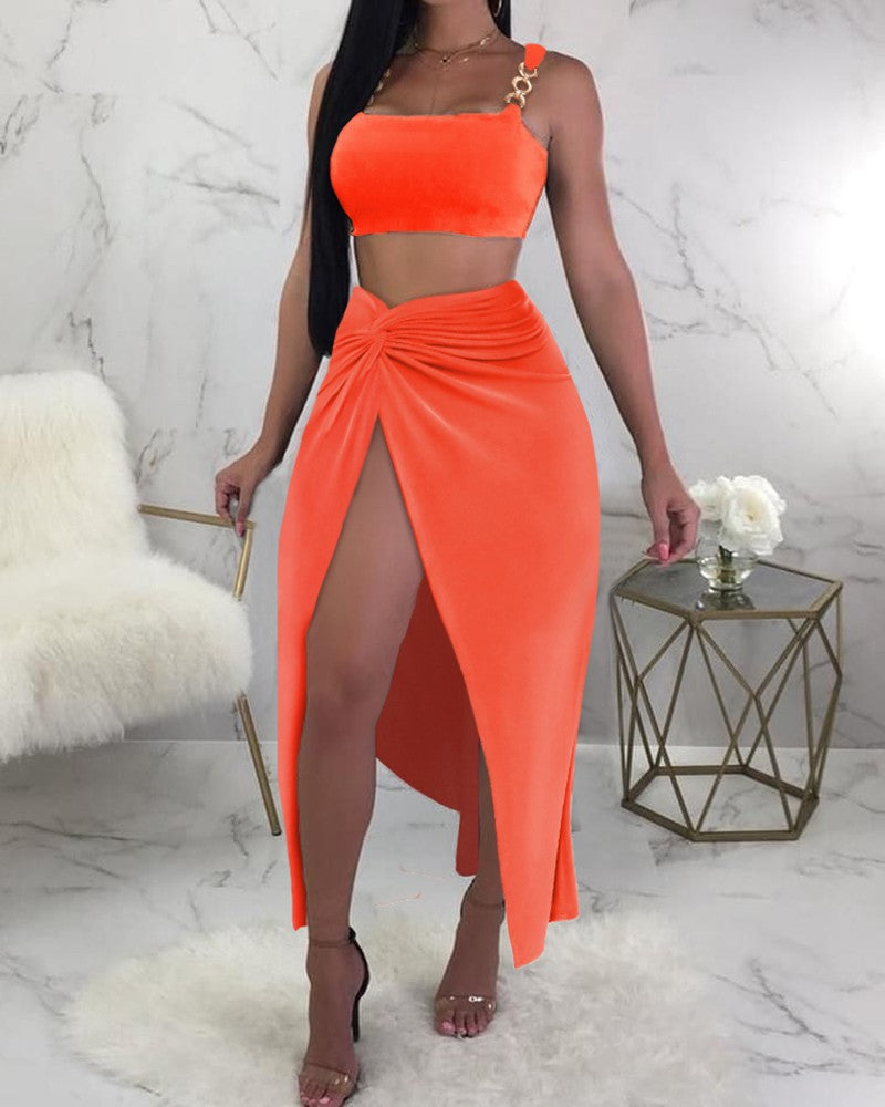 Chain Strap Crop Top & High Slit Twisted Skirt Set