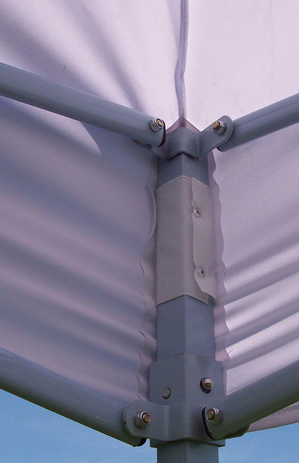 Two (2) white 10 x 10ft 4 leg 1 piece fabric top yard shade canopies with sides