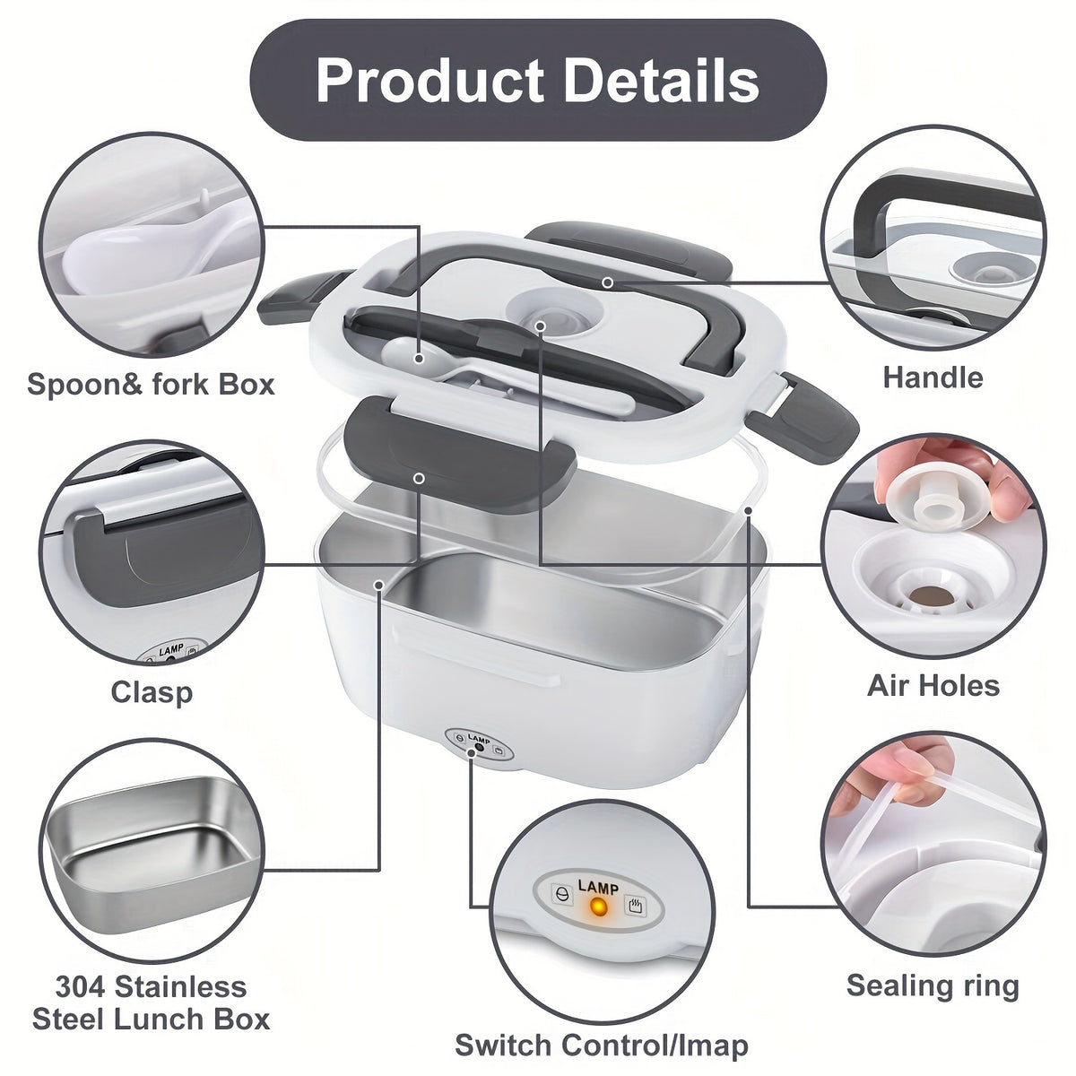 Electric Lunch Box Food Warmer Portable For Car & Home - Leak Proof, Lunch Microwave For Truckers With Steel Container 50.72 oz, 110V/12V/24V