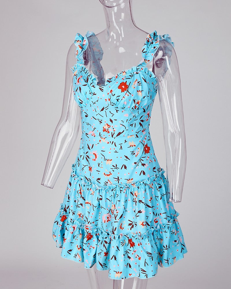 Floral Print Ruffle Trim Dress