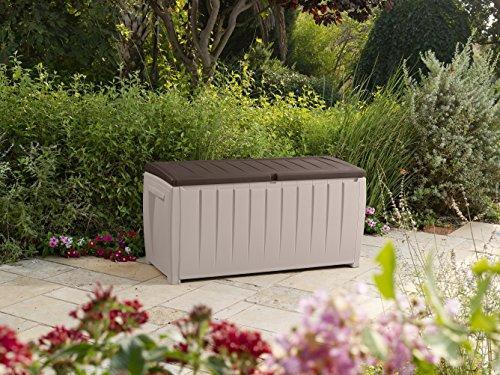 Keter Novel Plastic Deck Storage Container Box Outdoor Patio Furniture 90 Gal, Brown