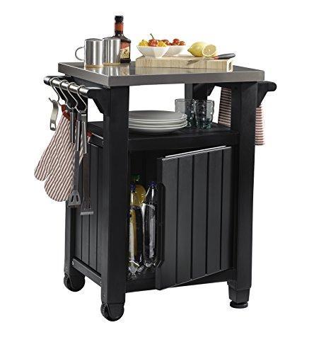 Keter Unity Portable Outdoor Table and Storage Cabinet with Hooks for Grill Accessories-Stainless Steel for Patio Kitchen Island or Bar Cart, Dark Grey
