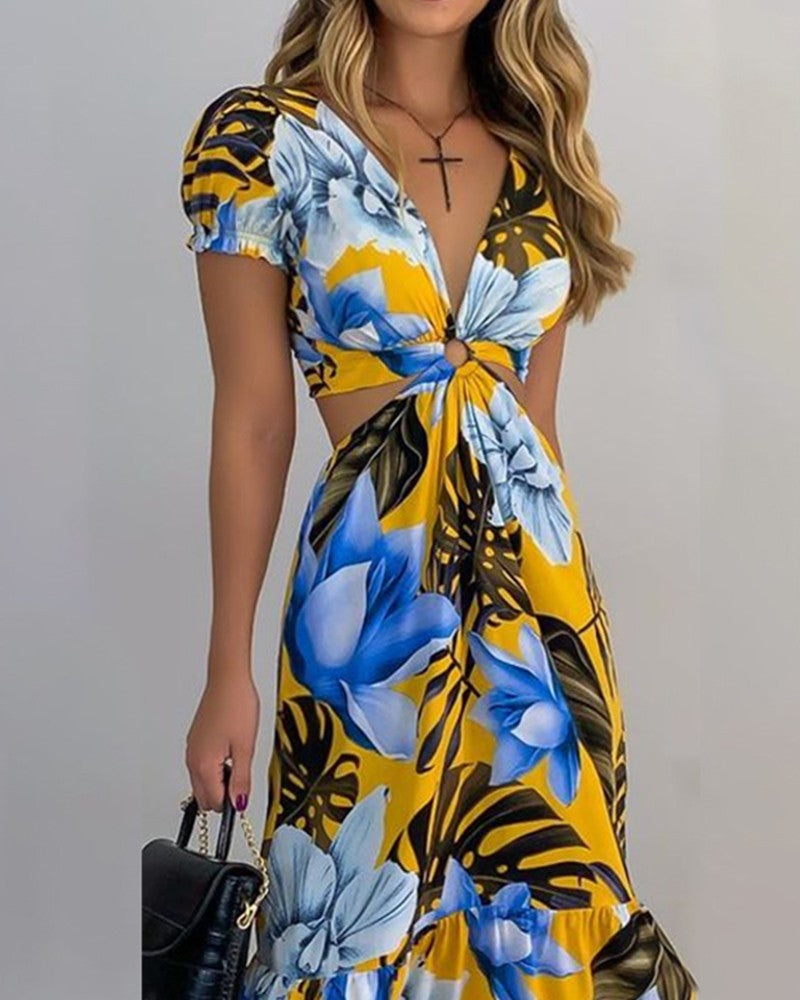 Floral Print Short Sleeve Loose Midi Dress