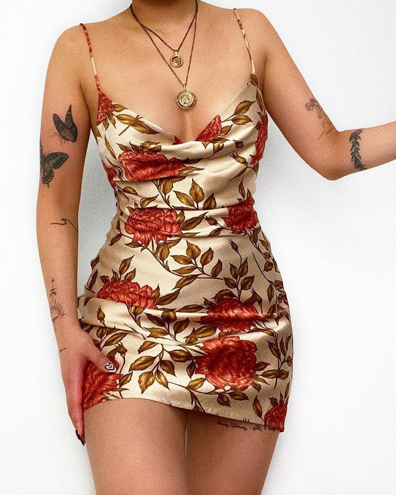 Cowl Neck Floral Leaf Print Satin Dress