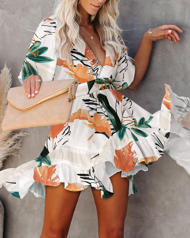 Floral Print V-Neck Ruffle Hem Dress