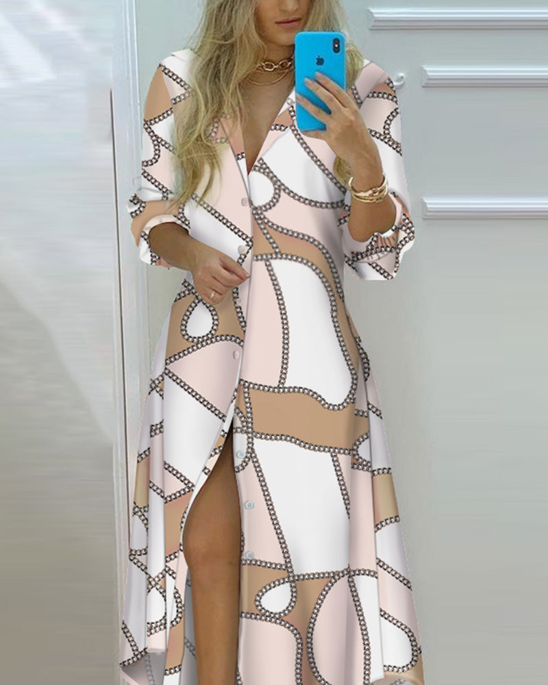 Chain Print Button Front High Slit Shirt Dress