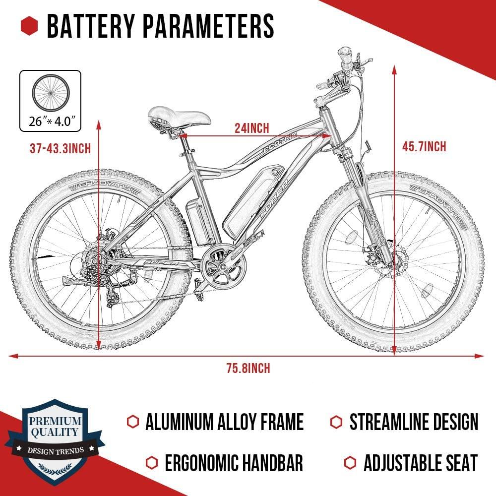 ECOTRIC 26” Fat Tire Electric Bicycle Powerful Mountain Bike 500W Motor 36V/13AH Removable Lithium Battery Ebike Beach Snow Shock Absorption