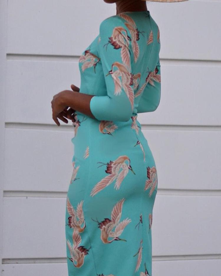 Floral Print Ruched Front Bodycon Dress