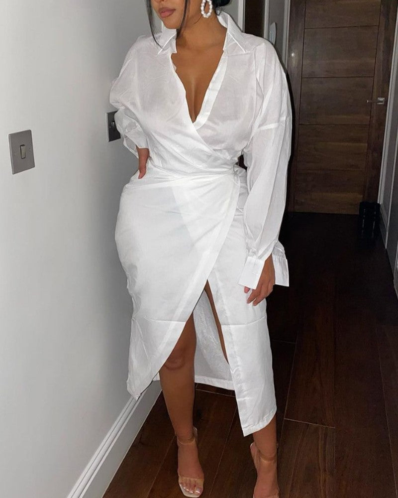 Solid Drop Shoulder Wrap Tie Slit Shirt Dress