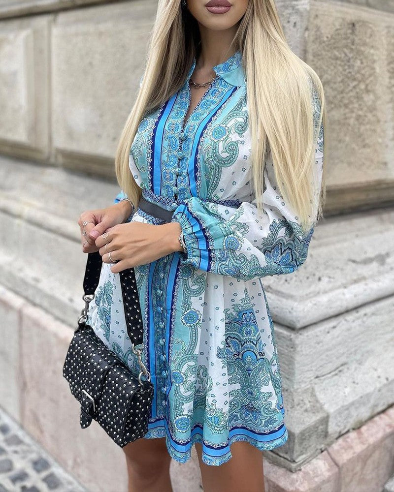All Over Print Lantern Sleeve Shirt Dress
