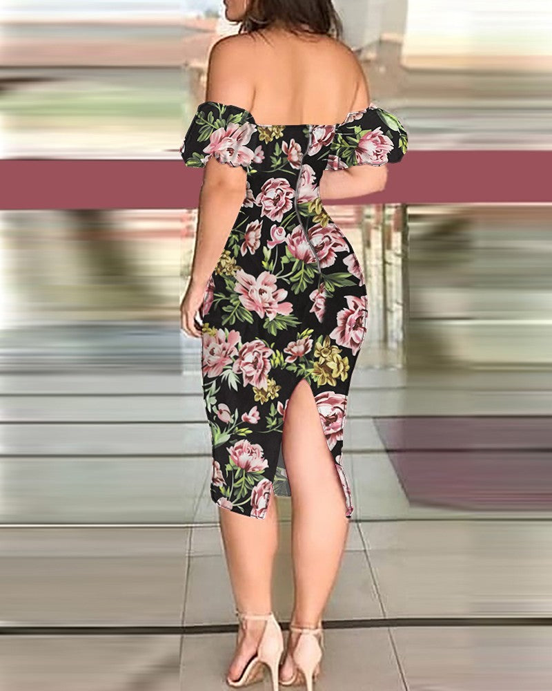 Off Shoulder Floral Print Short Sleeve Dress