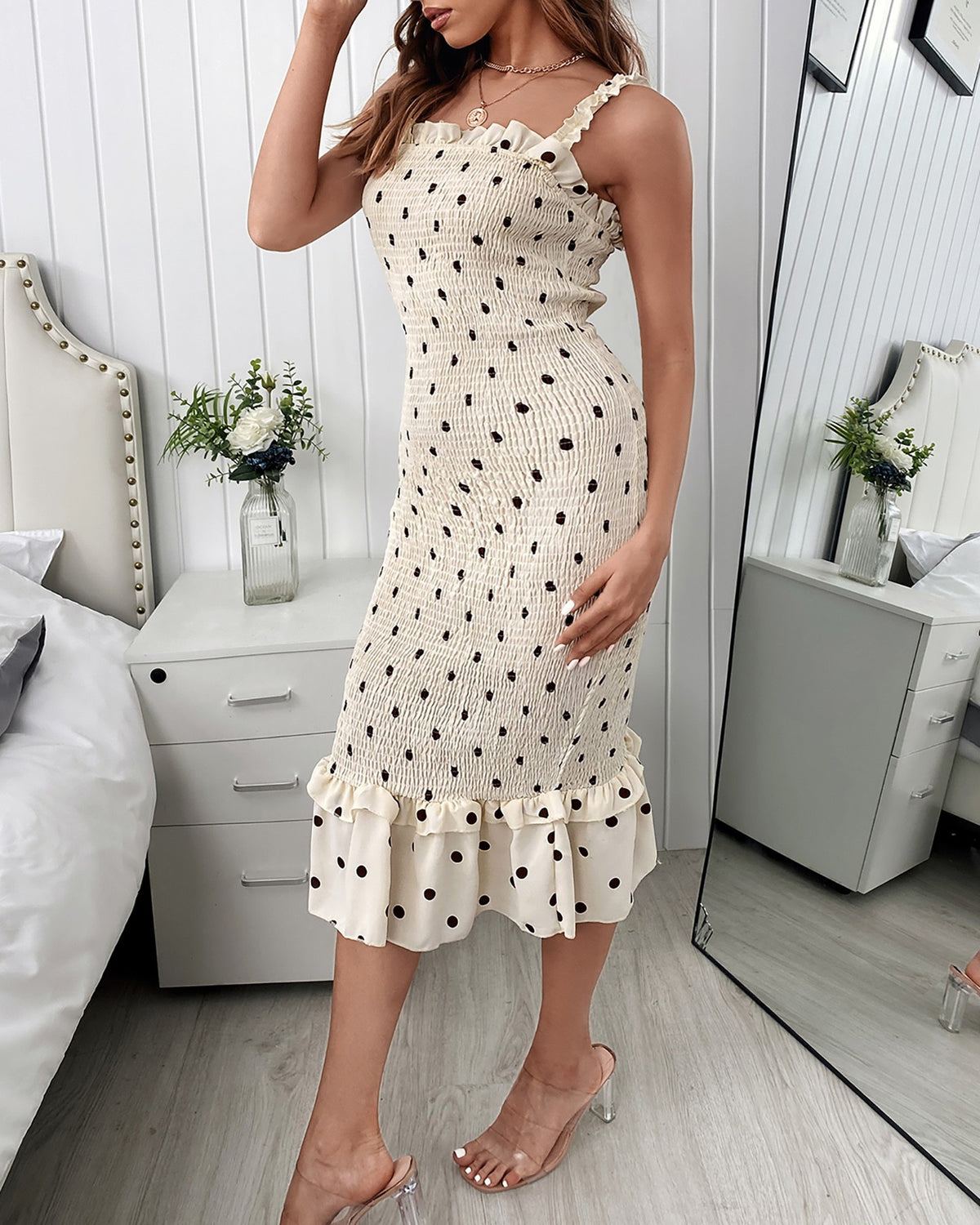 Spaghetti Strap Polkadot Print Shirred Mermaid Dress