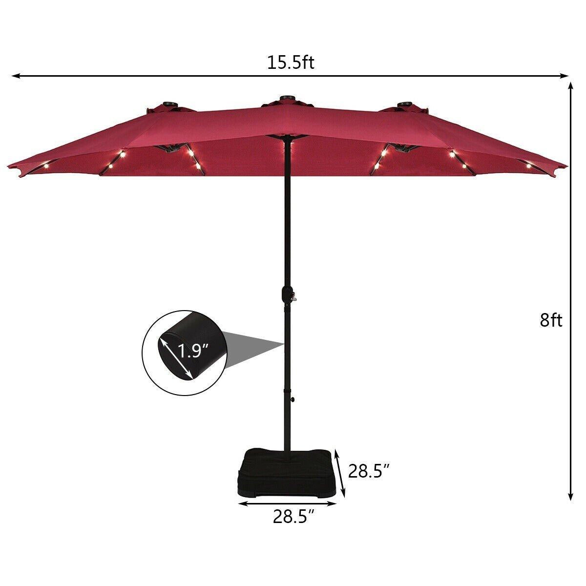 15 Ft Solar LED Patio Double-sided Umbrella Market Umbrella without Weight Base