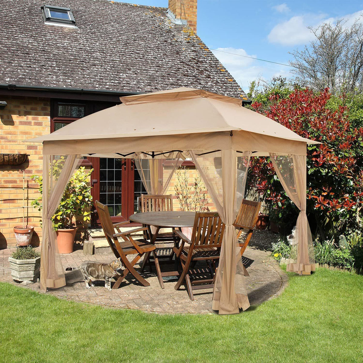 11'x11' Khaki Outdoor 2-Tier Vented Canopy Steel Gazebo BBQ Party Tent
