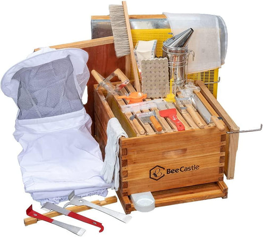 10-Frame Bee Hives and Supplies Starter Kit,Beehive Kit Dipped in Beeswax,Bee Keeping Supplies-All Beginners Kit Includes Beekeeping Supplies Tool Set and Bee Suit.
