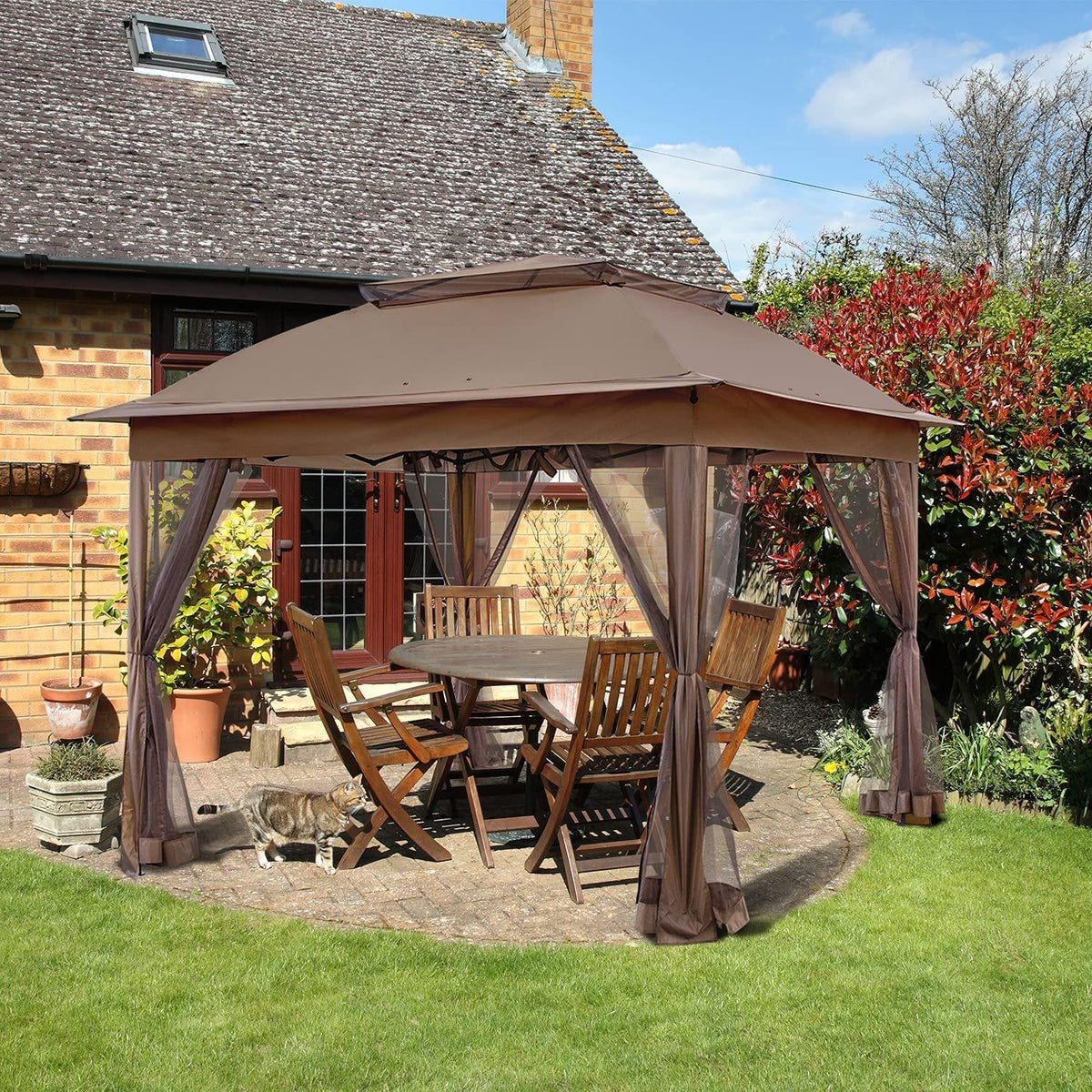 11'x11' Brown Outdoor 2-Tier Vented Canopy Steel Gazebo BBQ Party Tent