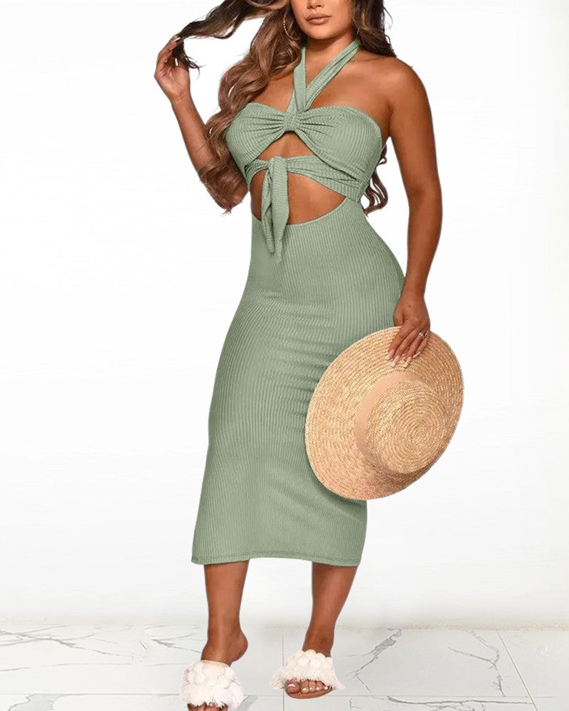Solid Color Backless Cut-out Halter Sleeveless Knitted Maxi Dress