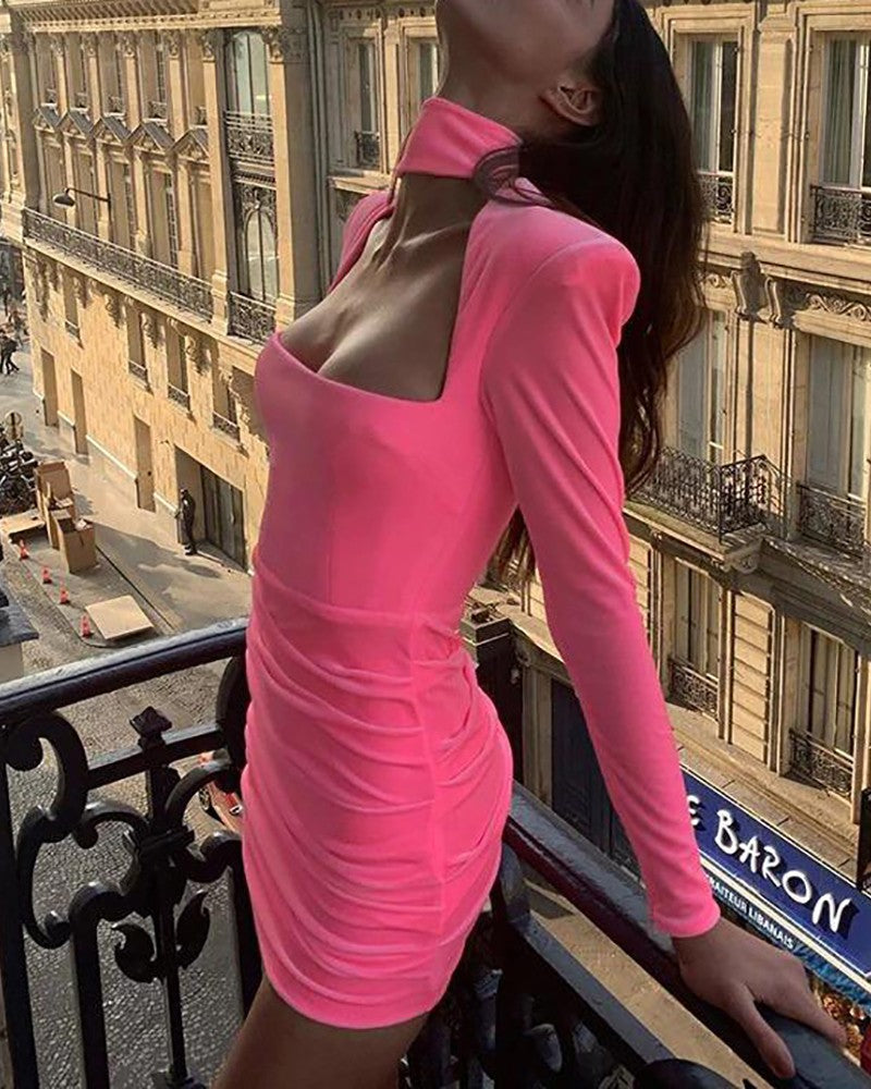 Padded Shoulder Cutout Ruched Bodycon Dress