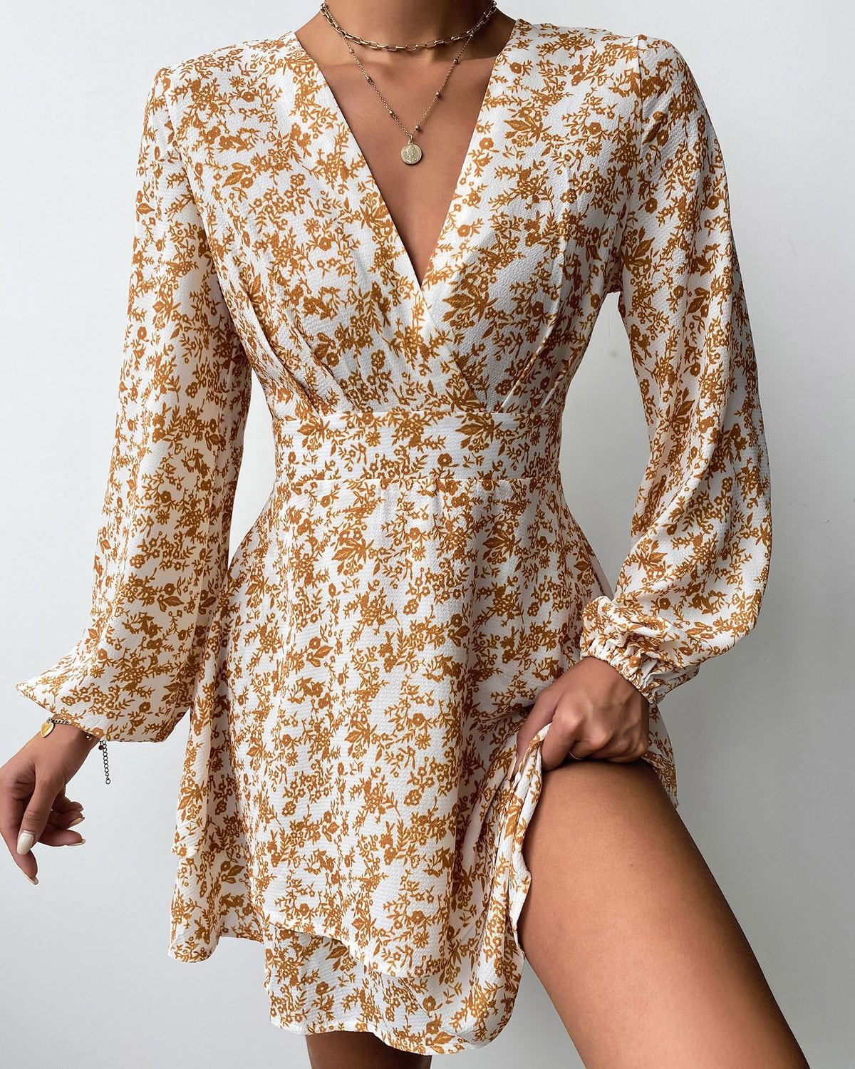 V-neck Floral Print Long Sleeve Dress