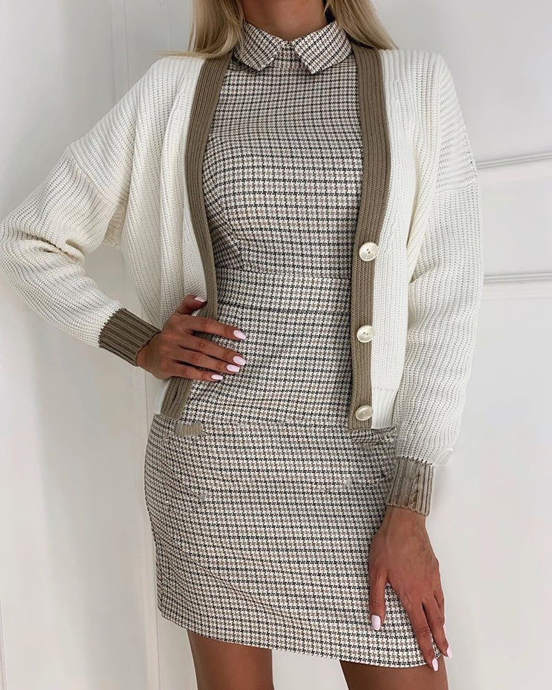 Houndstooth Half Sleeve Casual Dress