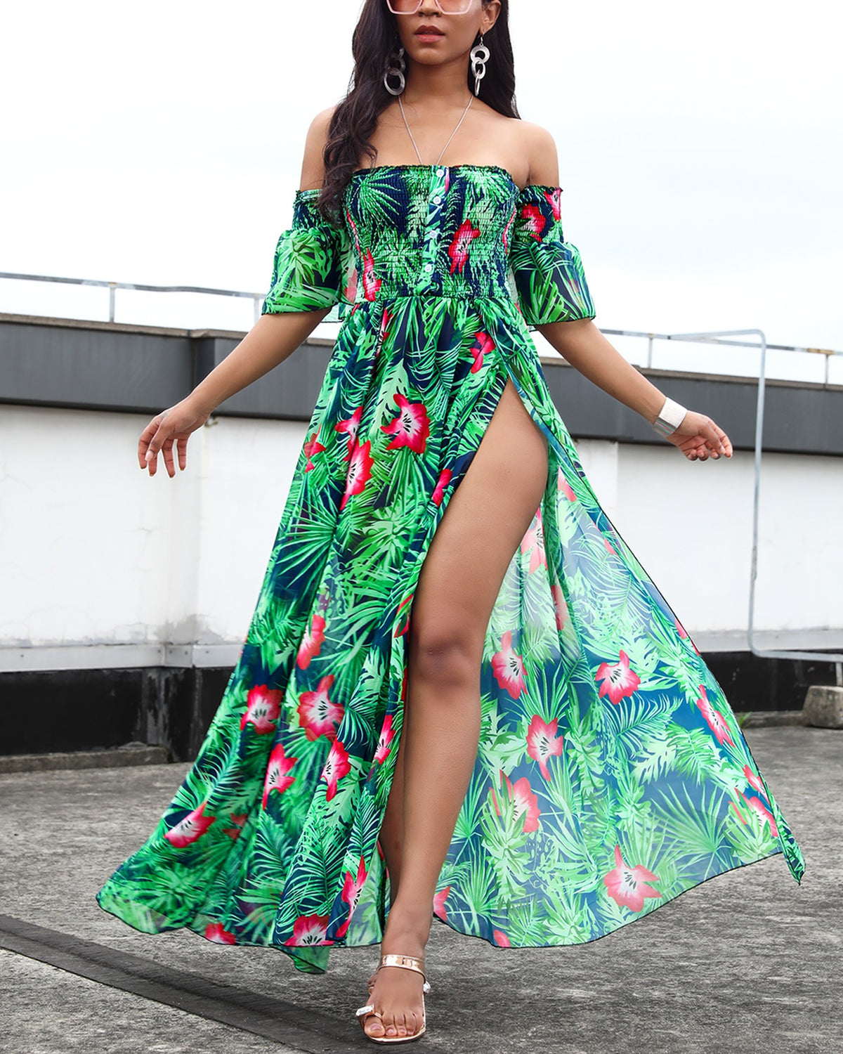 Off Shoulder Print Maxi Women Dress