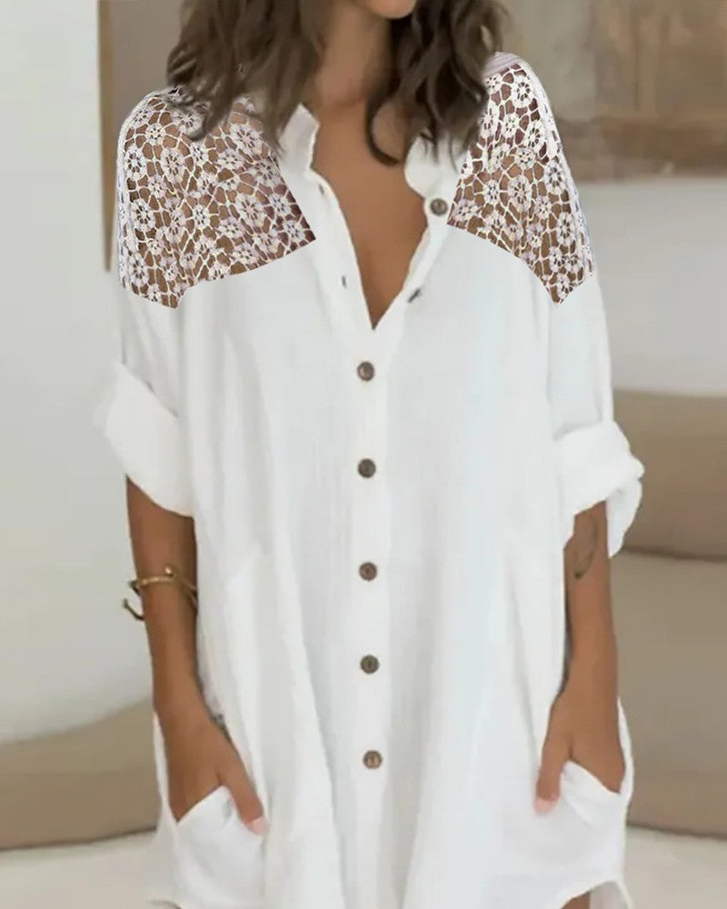 Crochet Lace Patch Buttoned Shirt Dress