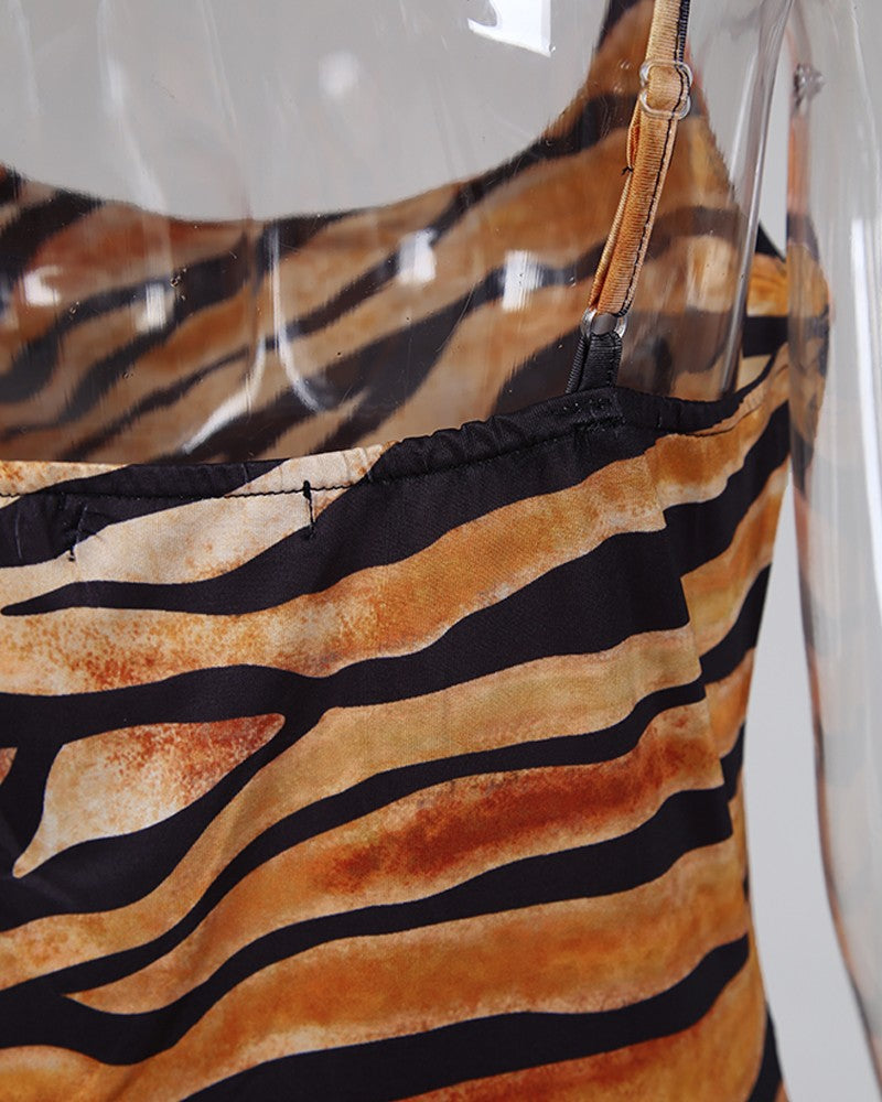 Tiger Print Square Neck Spaghetti Strap Maxi Dress
