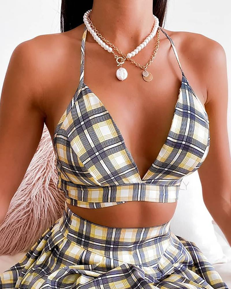 Halter Plaid Print Crop Top & Skirt Set