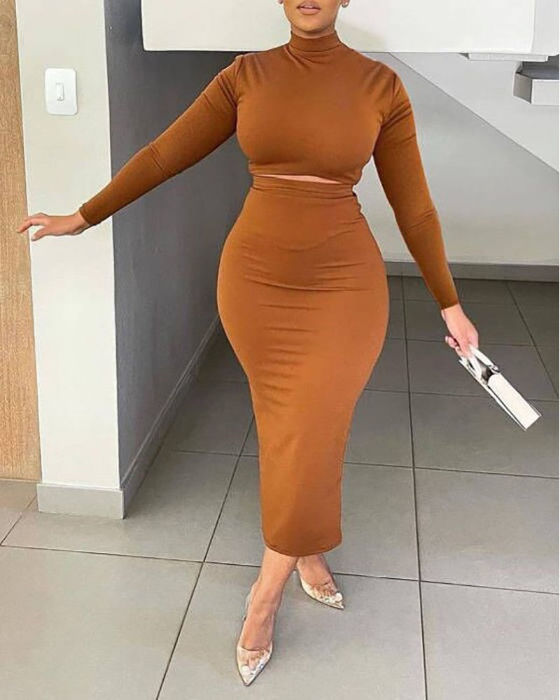 Long Sleeve Crop Top & High Waist Skirt Set
