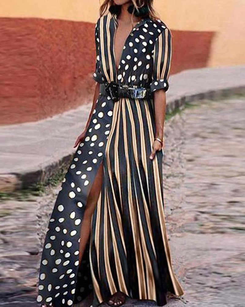 Dots & Stripes Plunge Slit Maxi Women Dress