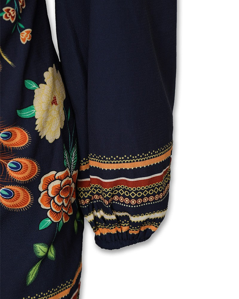 Peacock Print Cutout Back Bishop Sleeve Dress
