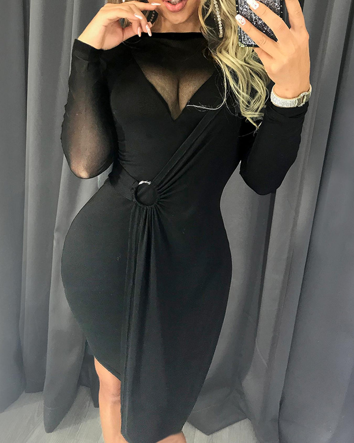 Sheer Mesh rt O-Ring Scrunched Irregular Dress