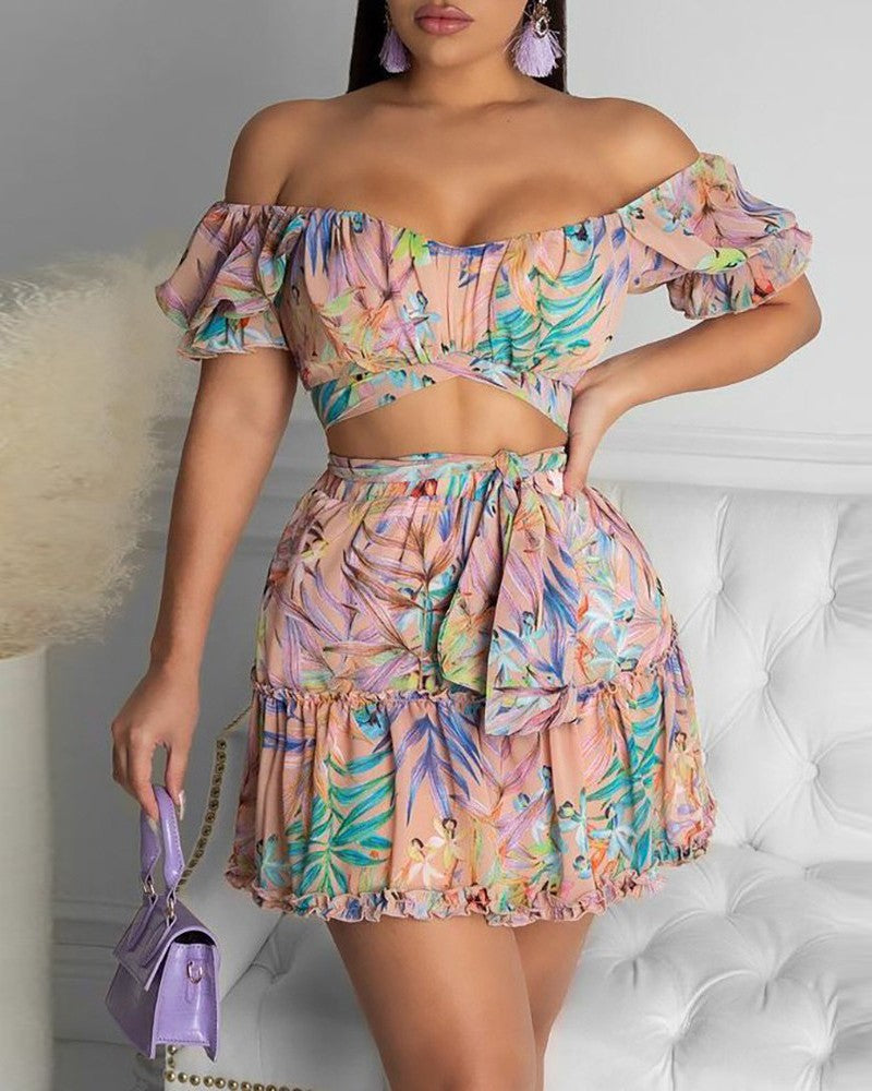 Off Shoulder Floral Print Crop Top & Tied Detail Skirt Sets