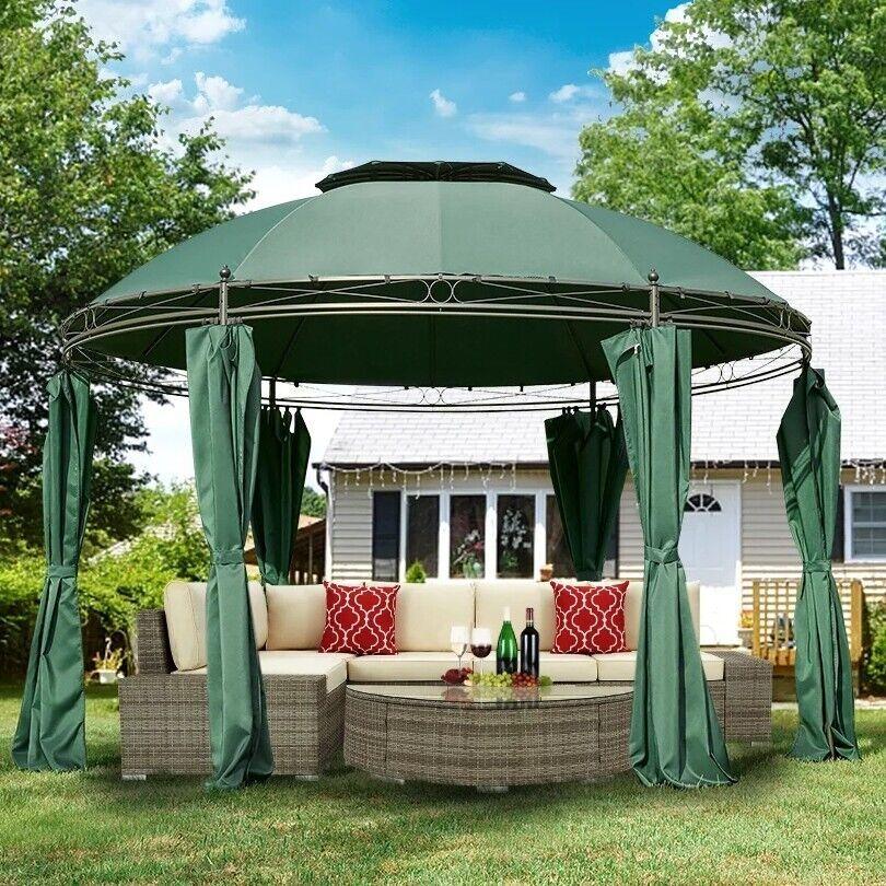 Round Gazebo 11.5 ' Canopy Durable Metal Frame Enclosed Curtains Garden Pergola