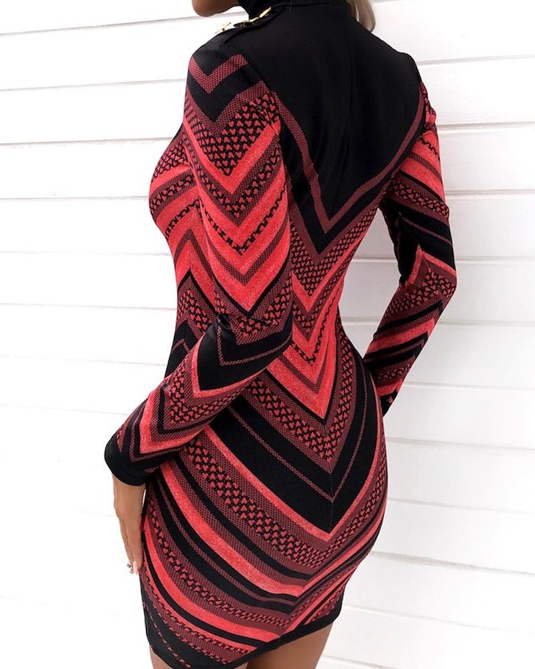 Chevron Stripes Print Button Detail Bodycon Dress