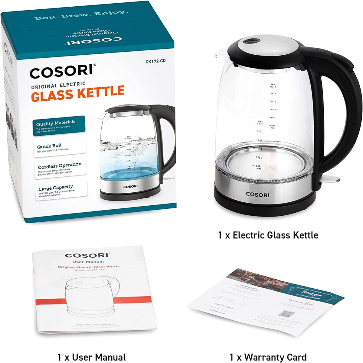 COSORI Electric Kettle with Stainless Steel Filter and Inner Lid, 1500W Wide Opening 1.7L Glass Tea Kettle & Hot Water Boiler, LED Indicator Auto Shut-Off & Boil-Dry Protection, BPA , Matte Black