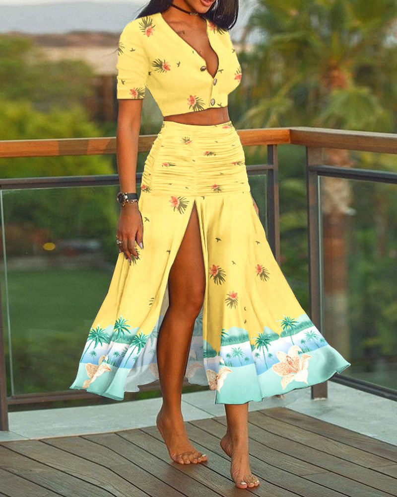 Floral Print Crop Top & Ruched Slit Skirt Sets