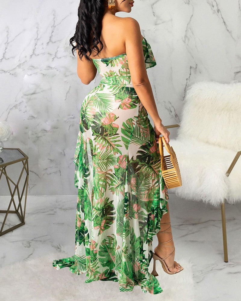 Tropical Print Ruffle Dip Hem Mesh Dress