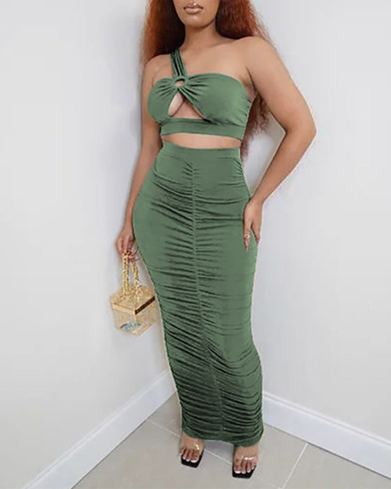 One Shoulder O-Ring Crop Top & Ruched Maxi Skirt Set