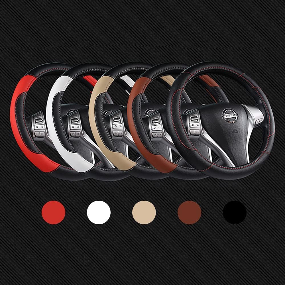 Leather Car Steering Wheel Cover, Non-Slip Car Wheel Cover Protector Breathable Microfiber Leather Universal Fit for Most Cars (Black & Red)
