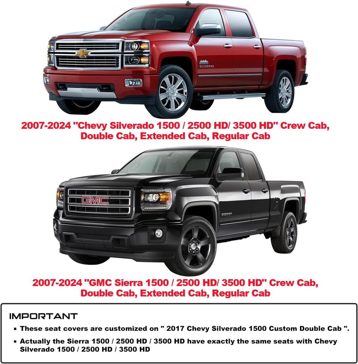 Aierxuan Chevy Chevrolet Silverado GMC Sierra Front Seat Covers Pickup Custom Fit 2007-2024 1500 2500HD 3500HD Crew Double Extended Cab Waterproof Leather Protectors (2 PCS Front, Black-Red)