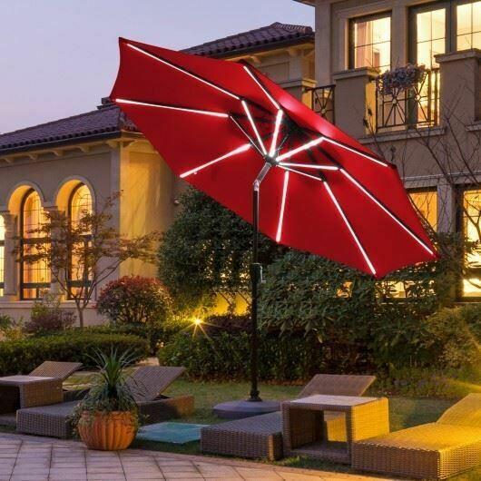 Durable 9' Solar LED Market Umbrella w/Aluminum Crank Tilt 16 Strip Lights-Wine