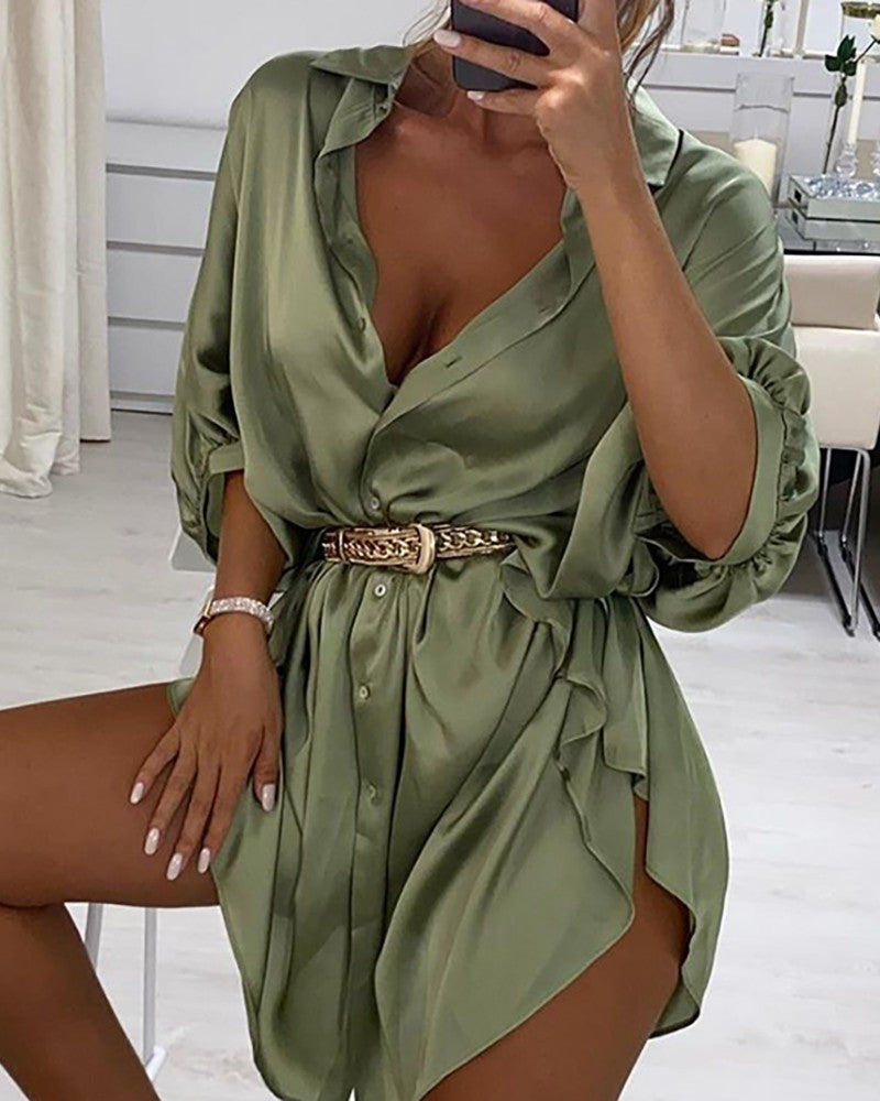 Ruffles Slit Satin Ruched Shirt Dress