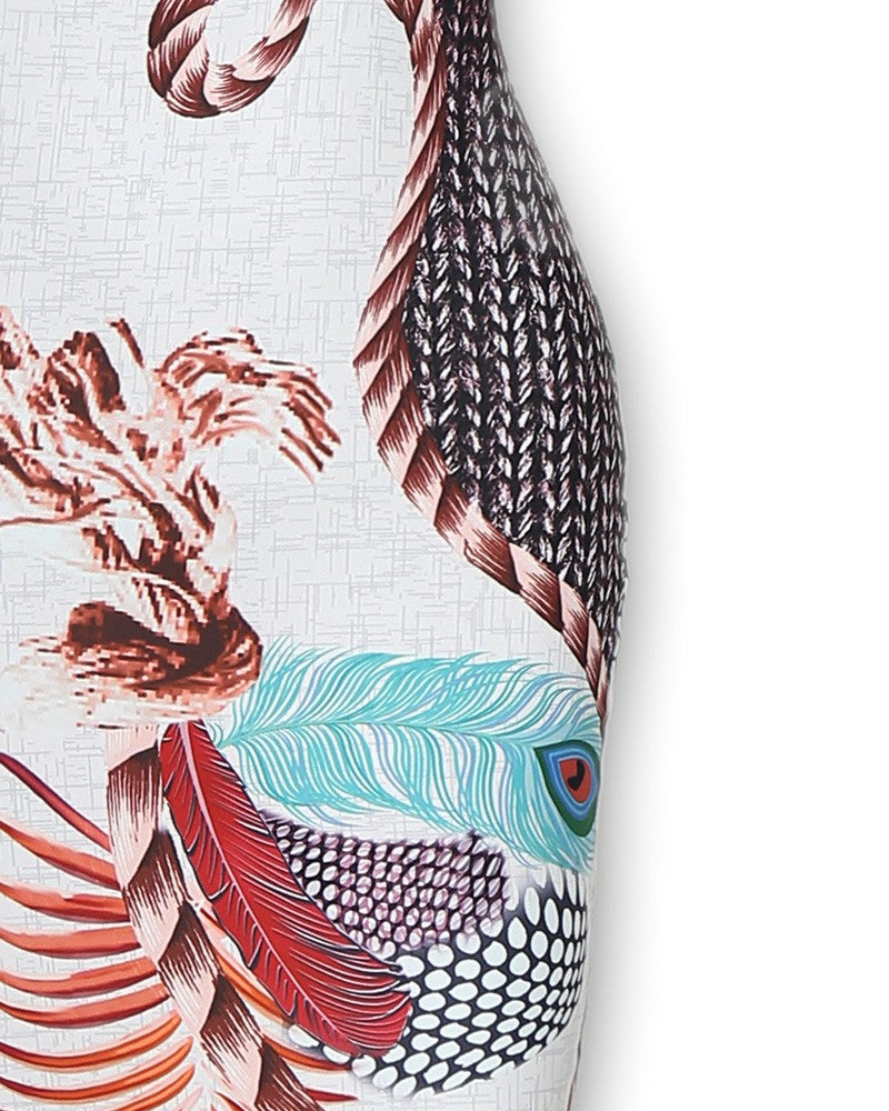 Peacock Feather Print Cutout Back Thigh Slit Maxi Dress