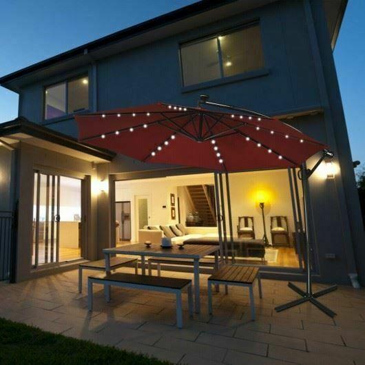Modern 10FT 360° Rotation Solar Powered LED Patio Offset Umbrella-Burgundy