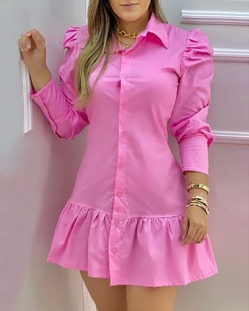 Heart Cut Back Puff Sleeve Shirt Dress