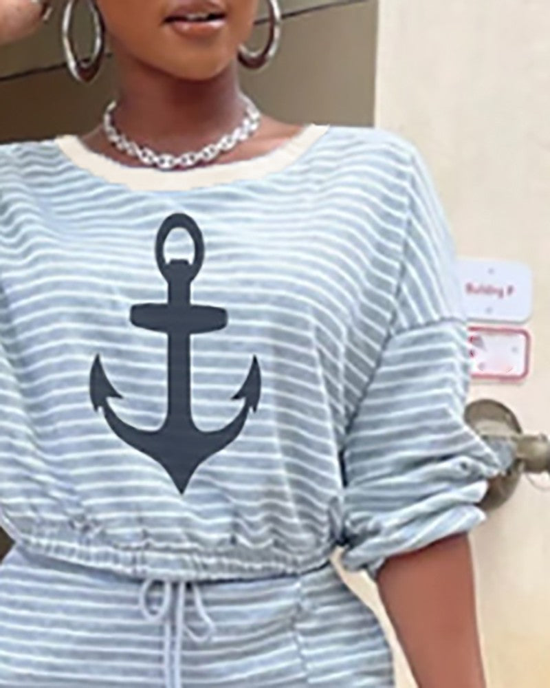 Boat Anchor Striped Print Top & Slit Midi Skirt Set